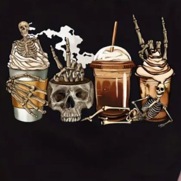NEW! Scary Halloween Drinks T Shirt Skull, Coffee, Frapp, Party, Fun, Spooky - Picture 4 of 4